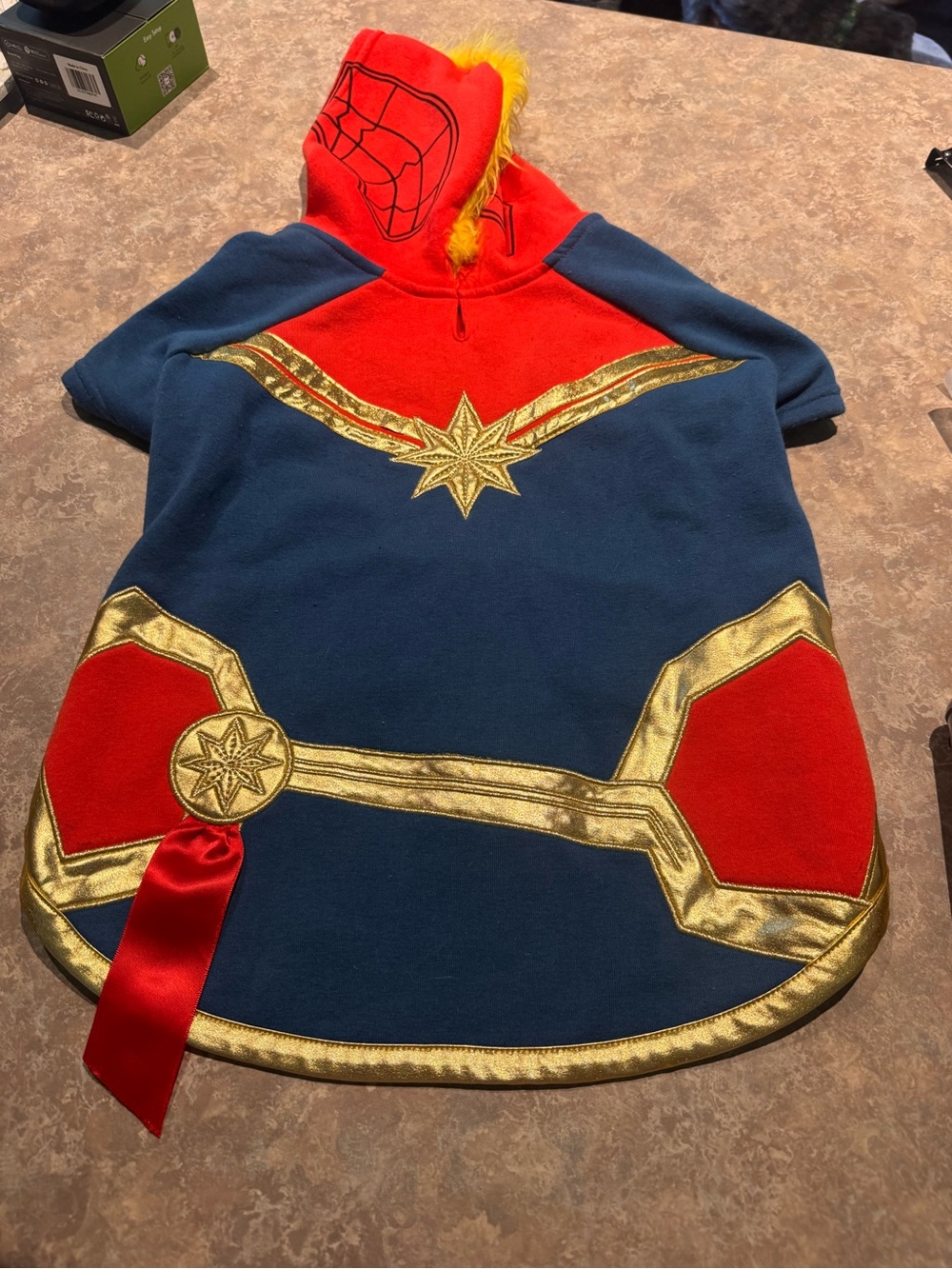 Captain MARVEL Blue & Red Superhero Dog Costume Hoodie with Gold Trim